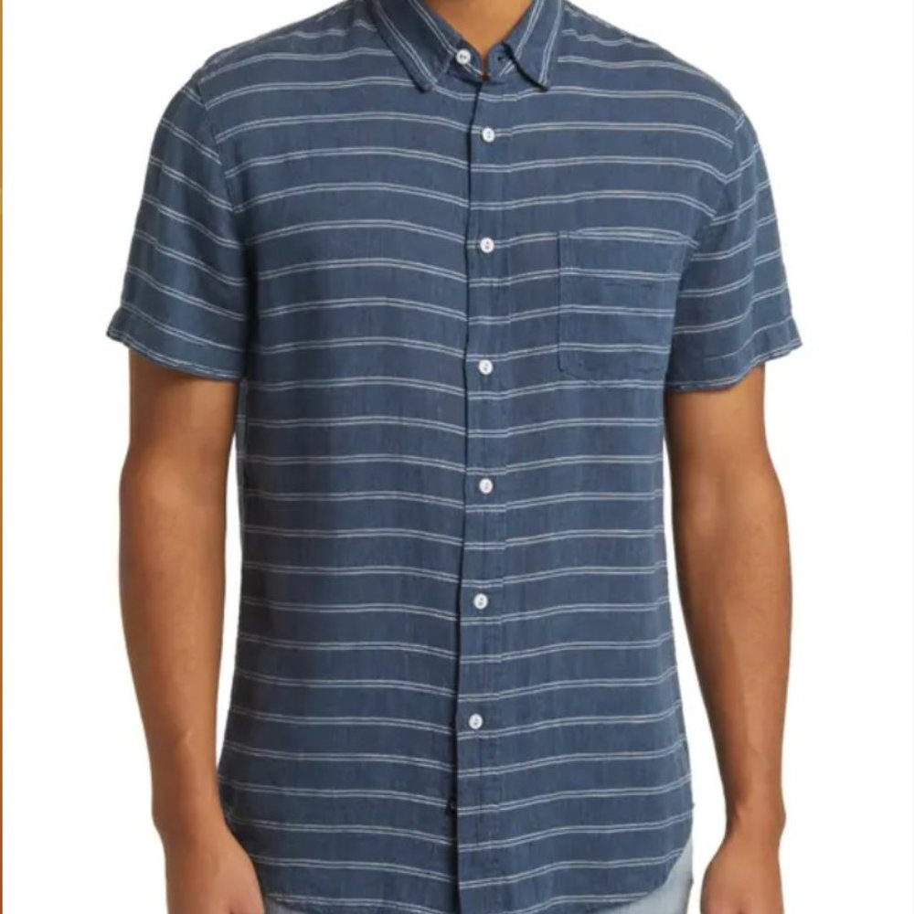 NWT. Carson Dumont Stripe Navy Linen Button Down Short Sleeve Shirt